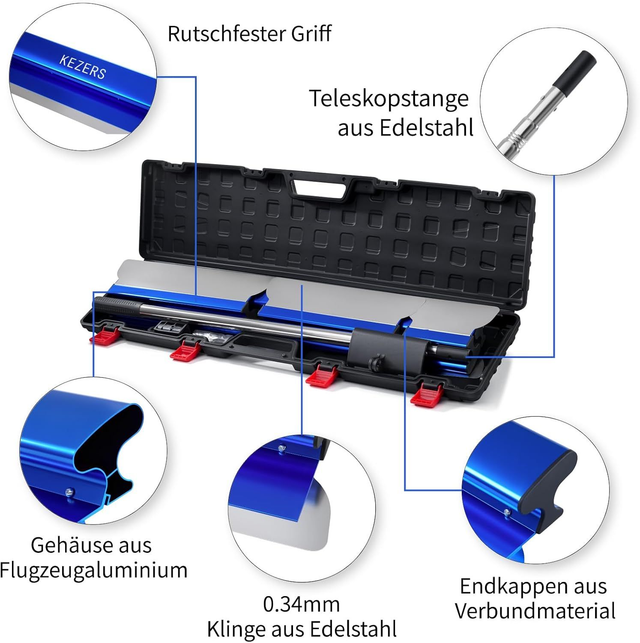 KEZERS Flächenspachtel-Set – 4 Spachtel mit Teleskopstange & Koffer
