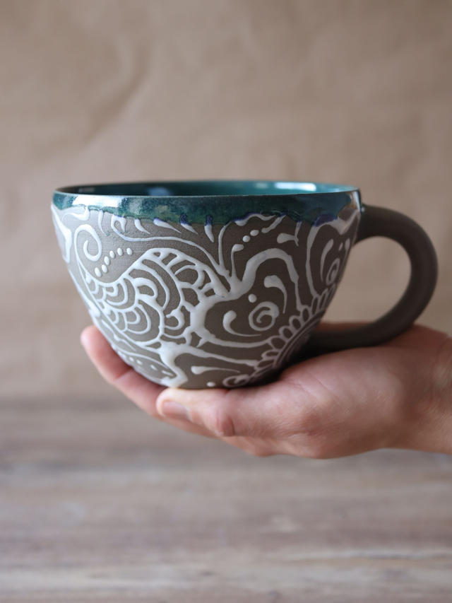 Ceramic Cup with Henna Patterns, wide-rim, handmade, Designer Piece
