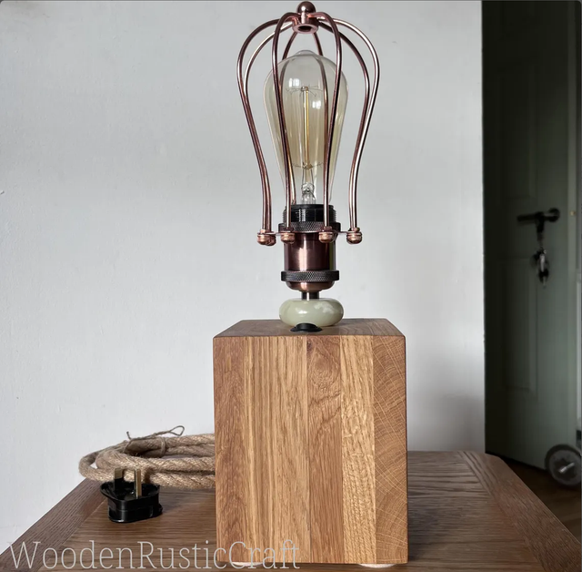 Large, Heavy Oak Cube Lamp with Metal Bulb Guard