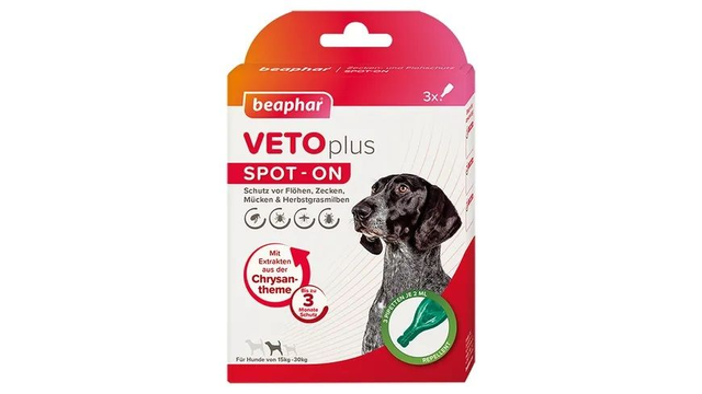Beaphar 3 x 2 ml VETOplus SPOT-ON Ungezieferschutz für Hunde von 15-30 kg Flöhe