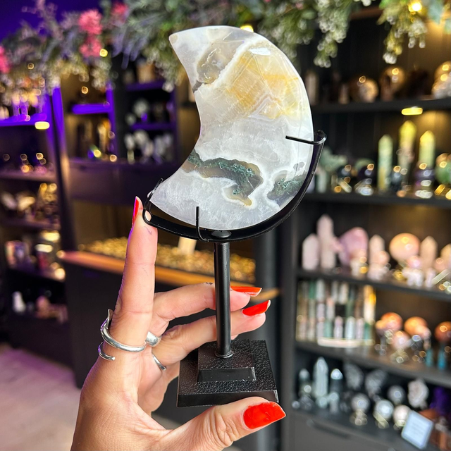 Moss Agate Moon on Stand R54P2