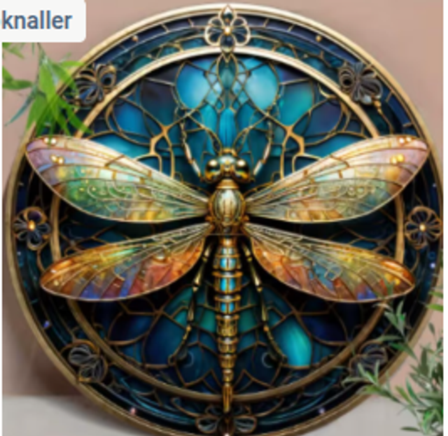 Wanddecoratie metalen bord Libelle glas in lood (20cm)