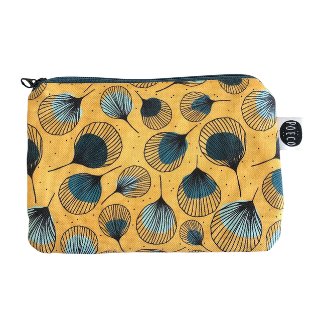 Trousse porte-monnaie - PLUMES vertes fond  jaune