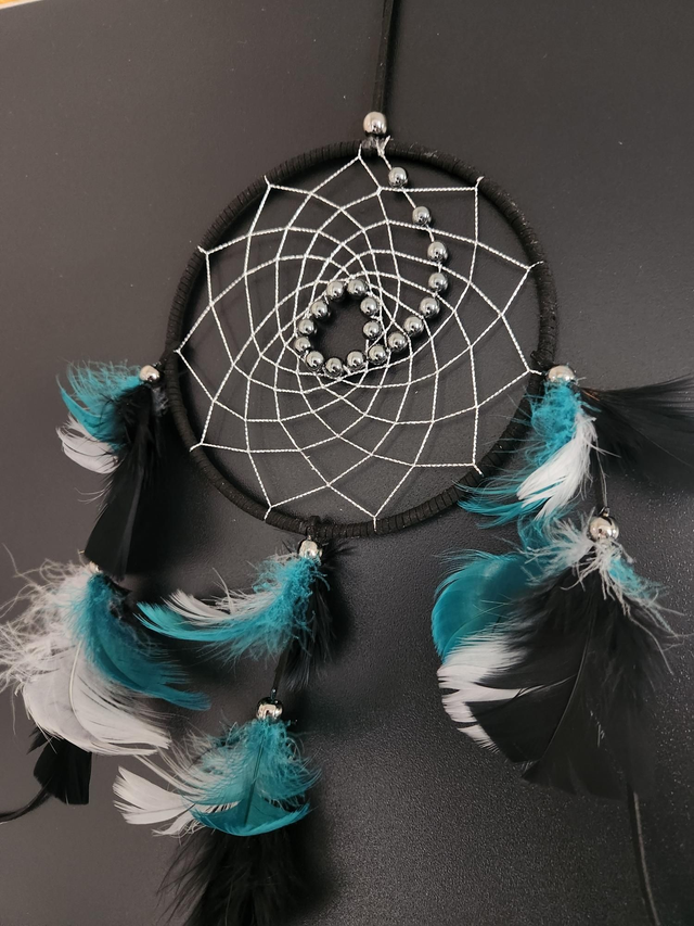 BLACK DREAMCATCHER WITH HEMATITE SEWN IN WEB