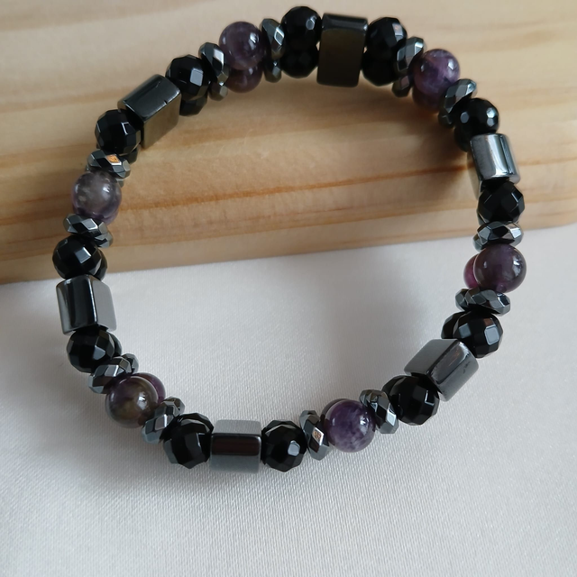 Heren armband (dubbel) met Amethist, Hematiet en Onyx (2.068)