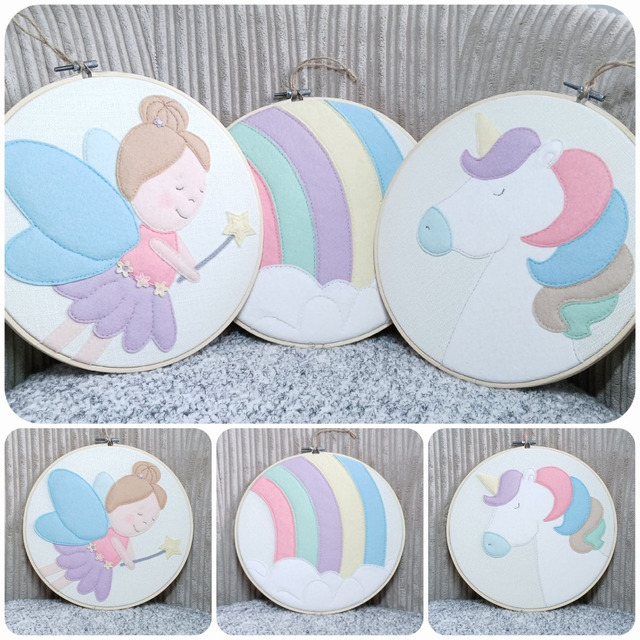 Fairy, Rainbow and Unicorn. Set of three. 10 inch hoops.  Wall Art. Pink. Purple. Yellow. Green. Blue. White. Fully hand-sewn. One of a kind.