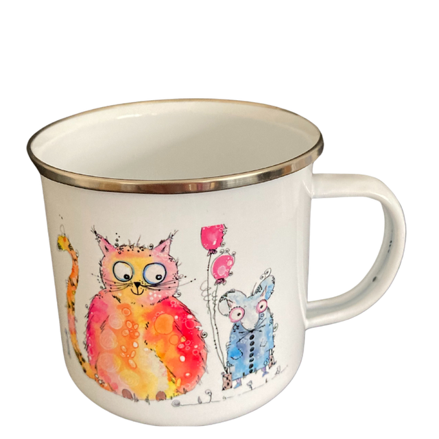 Emailletasse "Katze mit Maus"