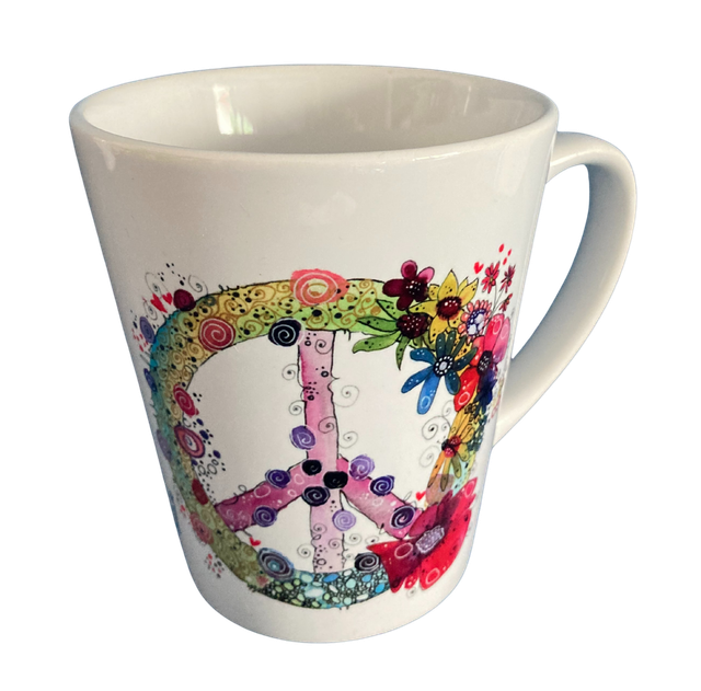 Konische Keramiktasse "Peacezeichen - Love, Peace & Happiness"