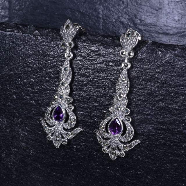 Art Nouveau Style Sterling Silver 925 Pear Cut Purple Amethyst Marcasite Gemstone February Birthstone Ornate Arrow Design Drop Earrings