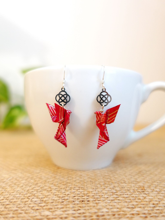 Origami Colombe, oiseau / Argent 925 / Boucles d'oreilles / Papier japonais washi / Bleu, rouge, argent / Bijou japonais origami /