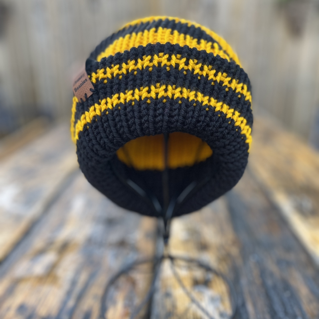 🐝 Funky Chunky Bobble Hat – Honeybee Yellow &amp; Black Stripes with Removable Faux-Fur Pom – Handmade in Scotland