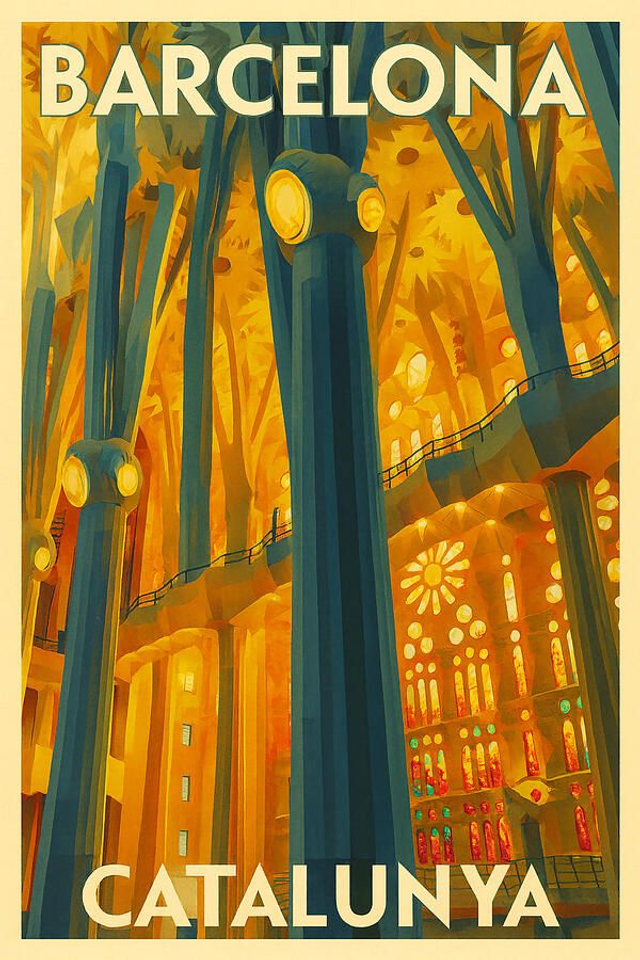 Póster de Viaje Vintage del Interior de la Sagrada Familia de Barcelona