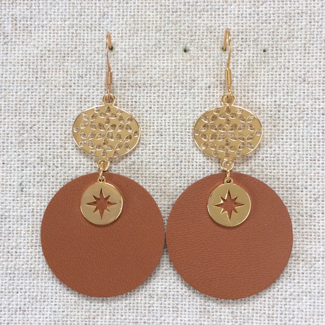 Boucles d’oreilles « Contrebasse » dorées, cuir Camel