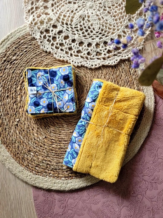 Gant soin + lingettes Pop bleu / moutarde 