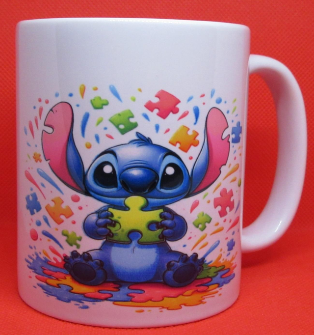Custom Unofficial Printed Autism Themed Stitch with Jigsaw Pieces Boxed 11oz Mug.