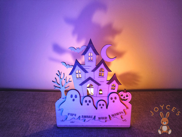 Décoration Halloween personnalisée avec prénoms, Bougeoir en bois, Ombre, Manoir hanté et sorcière, Photophore, Cadeau famille unique 