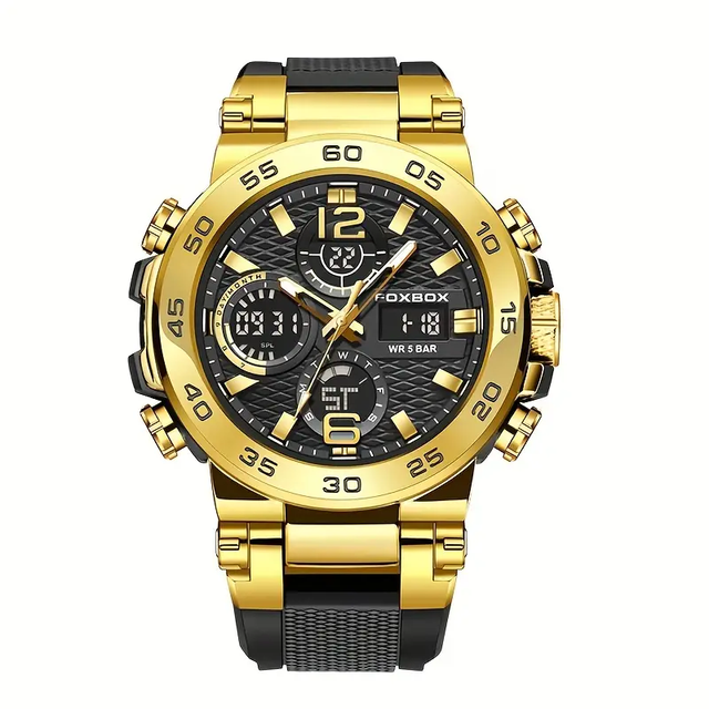 Men's Sports Watch, Waterproof Dual Display Digital Quartz Watch Gold and Black