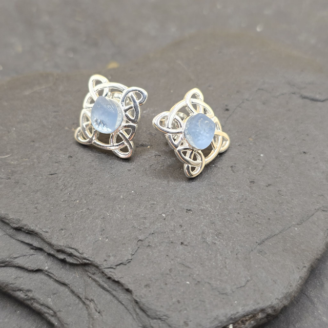 925 Drop or Stud Celtic Rectangle Earrings with Scottish Seaglass Seaglass