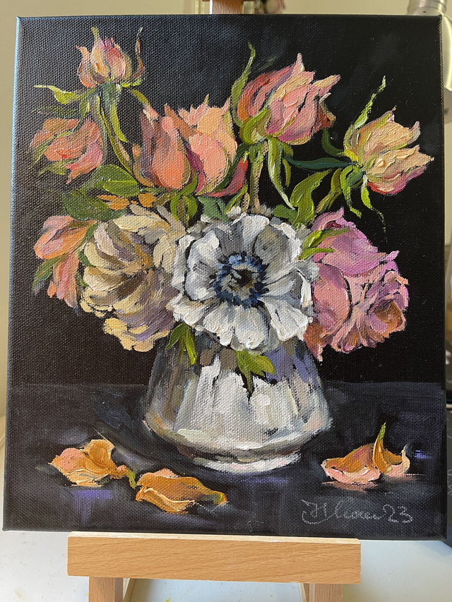 Art Nouveau Rose Bouquet. Original oil painting on stretched black canvas