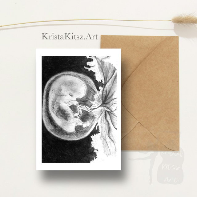 Ansichtkaart baby in de buik, tekenkunst , inclusief envelop, van originele tekening 