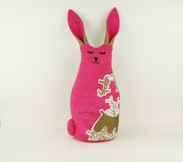 Bunny Rabbit Doorstop, Hand Embroidered Cotton Gold Metallic Print, Unique Handmade Cotton Bunny Rabbit Bookend