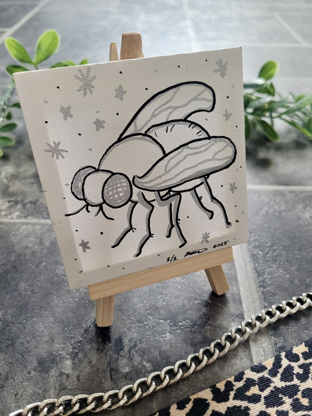 Original Mini Canvas Painting – Black &amp; Silver Fly
