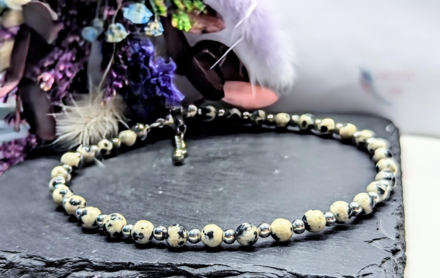 Dalmatian Jasper Gemstone & Stainless Steel Beaded Anklet