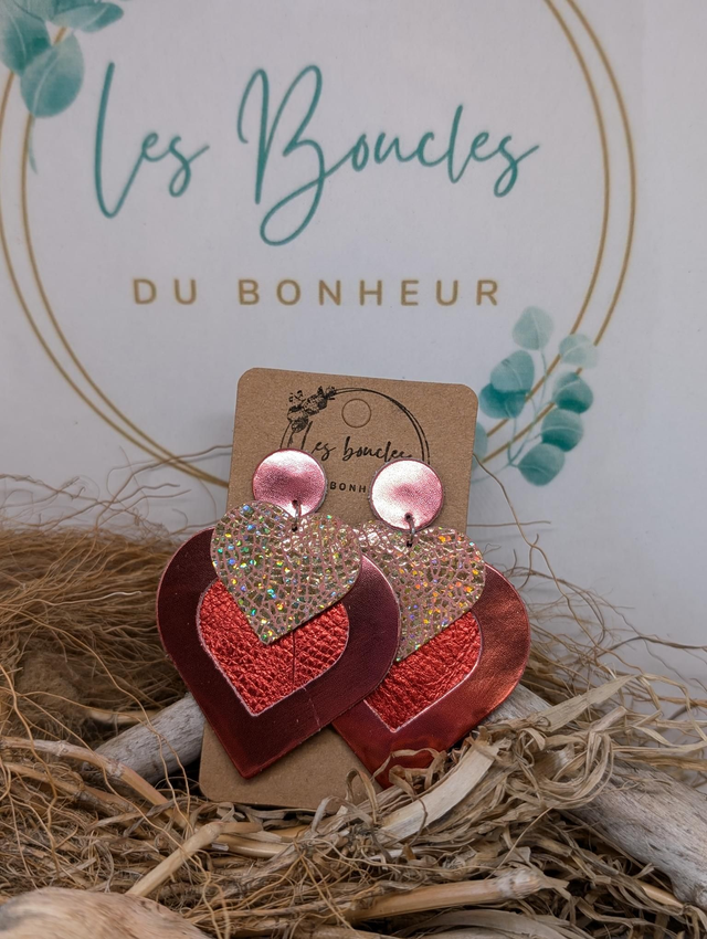 Boucles d&#039;oreilles Double coeur  rouge rose dc083