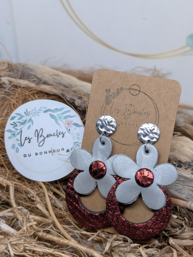 Boucles d&#039;oreilles baby Marguerite gris bordeaux bm1127