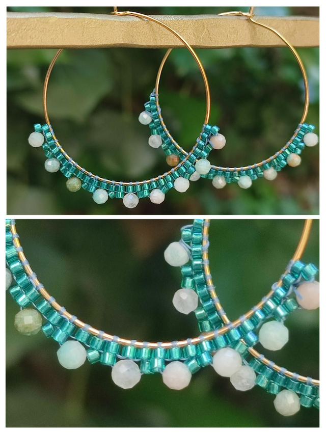 Créoles tissées main en amazonite ( pierre naturelle)& perles de verre miyuki, pièce unique - sans nickel 