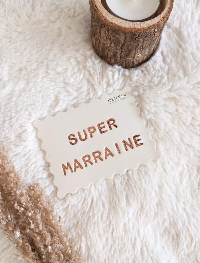 Décoration en argile "Super Marraine / Super Parrain" format biscuit rectangle