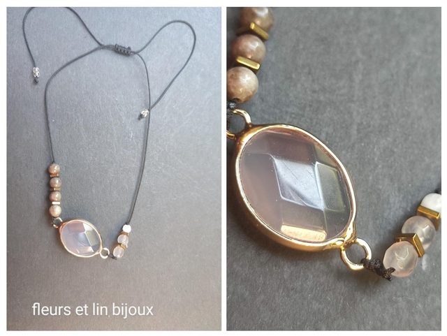 Z- bracelet agate brune et hématite doré ( pierres naturelles)réglable 