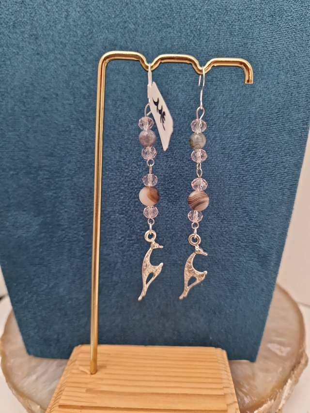 Boucles D'oreilles Girafes Acier Argenté Perles Agate Indienne Aventurine