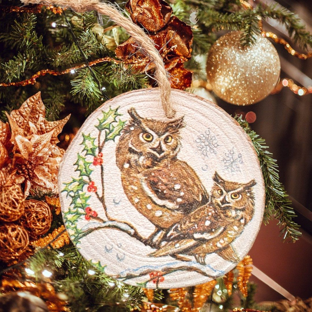 Festive Decoupage Rustic Wood Slice Tree Ornaments