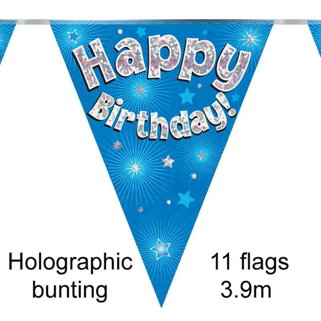 BUNTING: HAPPY BIRTHDAY BLUE HOLOGRAPHIC 11 FLAGS 3.9M