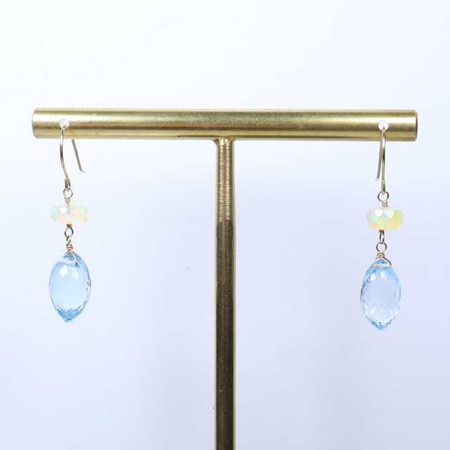 Pair of 18K 18Ct 750 Solid Yellow Gold Faceted Welo Ethiopian Opal Briolette Cut Blue Topaz Gemstone Elegant Dainty Modern Hook Earrings