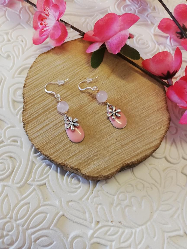 Boucles D'oreilles quartz rose florale 
