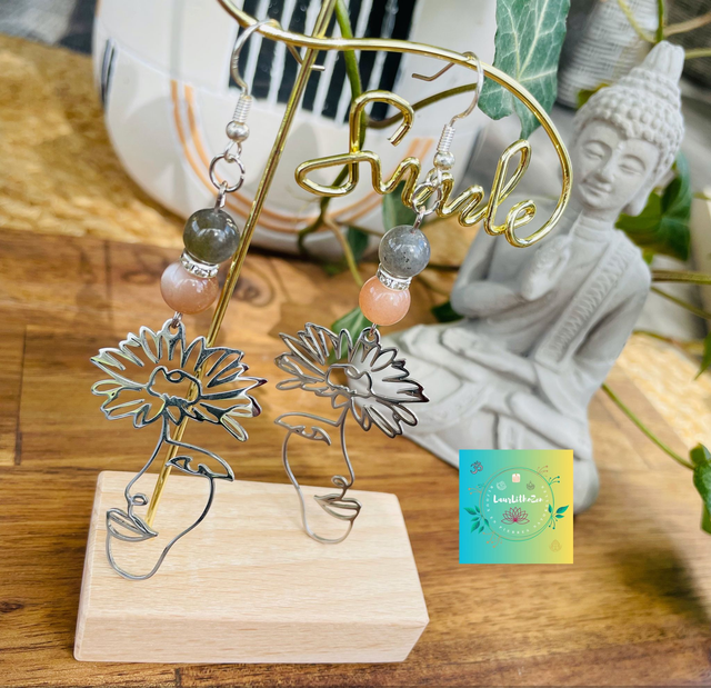 💟 Boucles d’oreilles avec pendentif visage en labradorite et pierre de soleil 