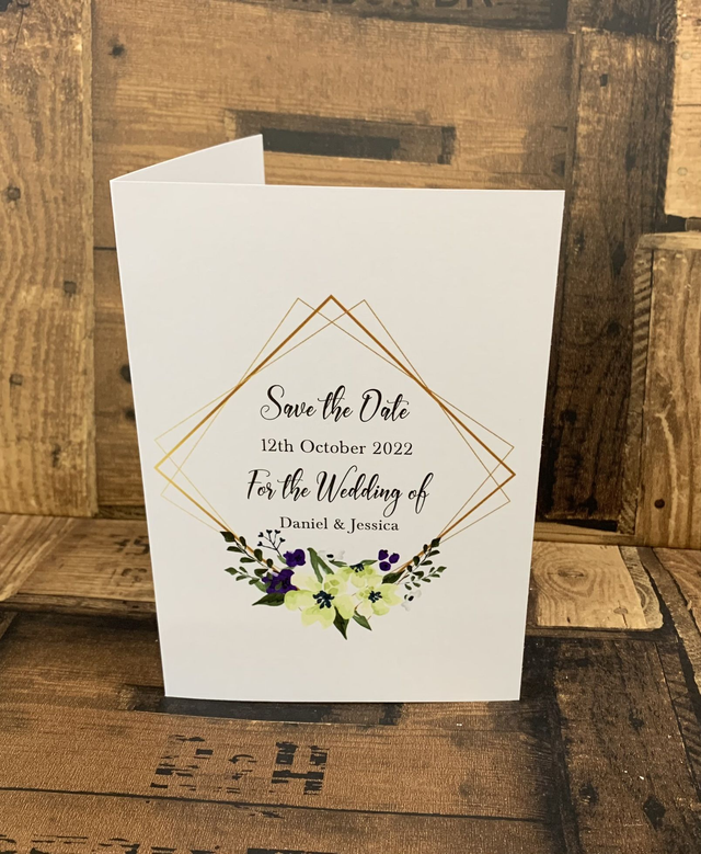 Purple and white flowers with gold frame save the date cards x 10