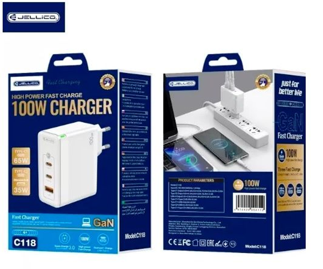 Adaptateur secteur Triple port 2X USB-C + 1X USB-A (100W) avec cable USB-C/Type C vers Type C JELLICO C118 AR0023235