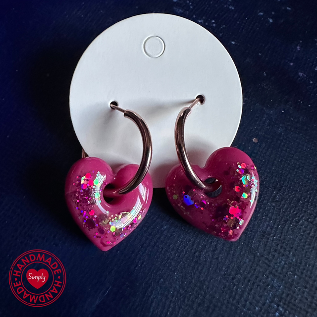 Earring Huggies - Deep Pink Heart Charms