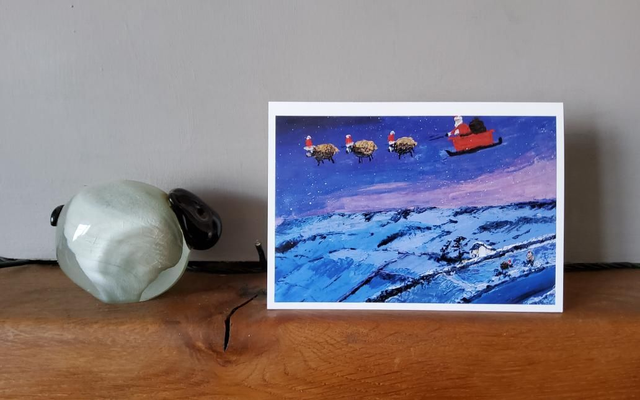 Father Christmas and his flying sheep over Fremmington Edge, Swaledale. A6 christmas card. 