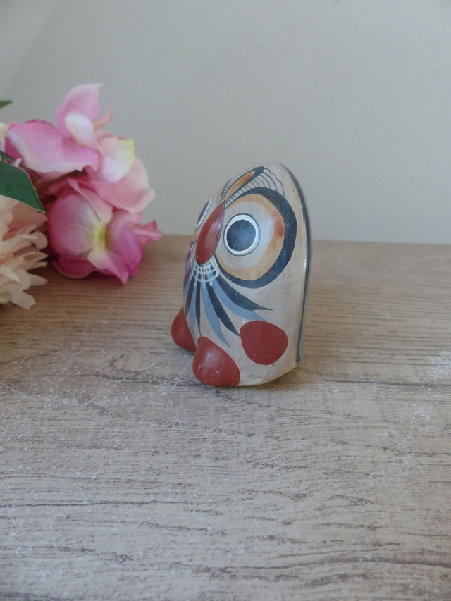 Petite chouette mexicaine en céramique Tonala – Figurine artisanale peinte à la main, décor féérique et oiseau vintage du Mexique