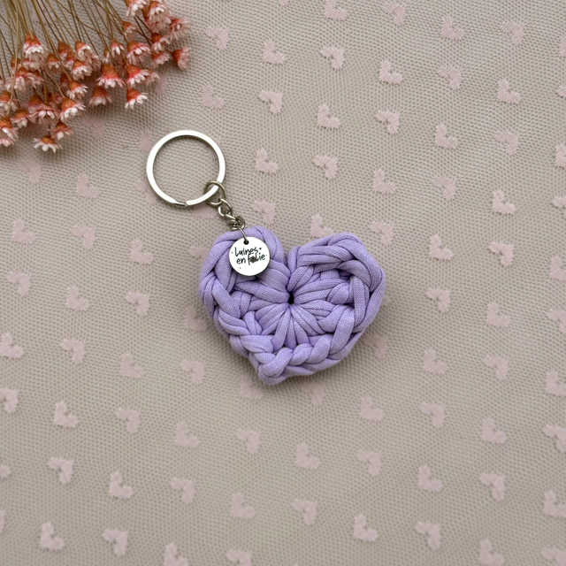 Porte-clés cœur lilas clair en coton recyclé