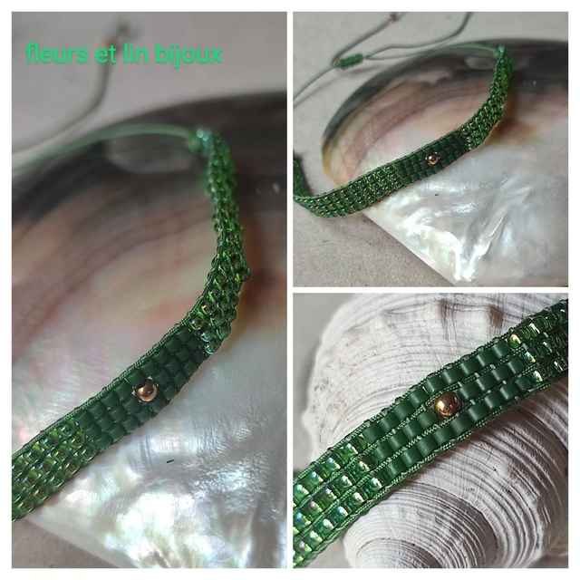 Bracelet tissé main en perles de verre miyuki vert et or réglable en fil de jade résistant 