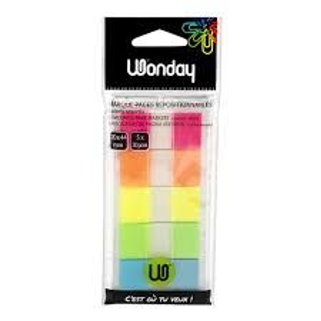 WONDAY Distributeur de 100 marque-pages 20x44 mm fluo et transparents 3701254710901