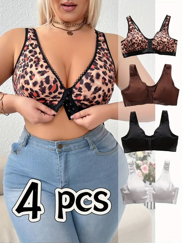 4pcs Plus Size Front Closure Wire-Free Bras