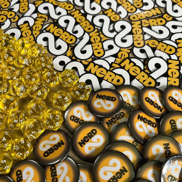 Nerd OD Sticker, badge and D20 combo