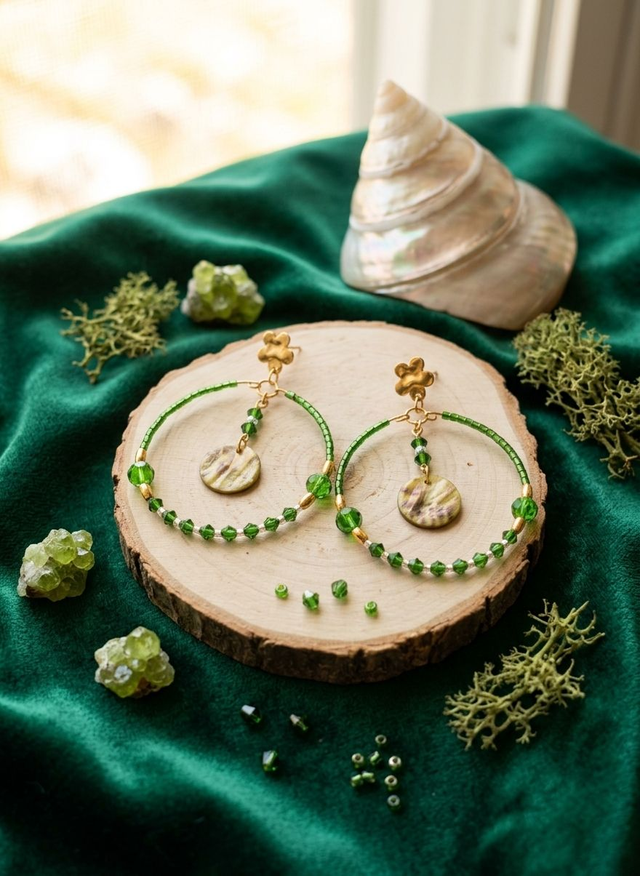 Boucles d'oreilles créoles vertes et dorées à pendentif médaillon