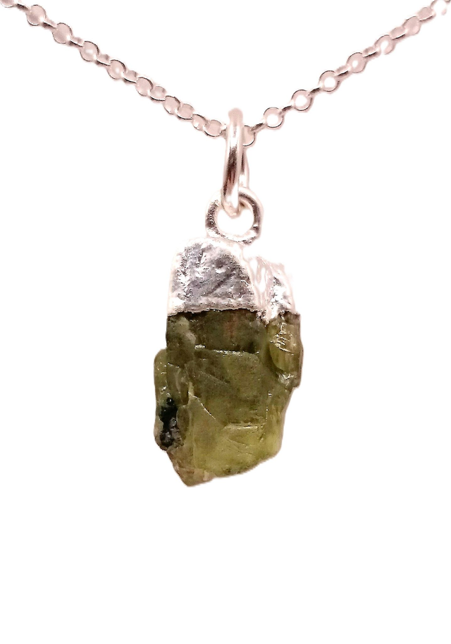 August - Peridot - birthstone necklace - raw &amp; topped with sterling silver